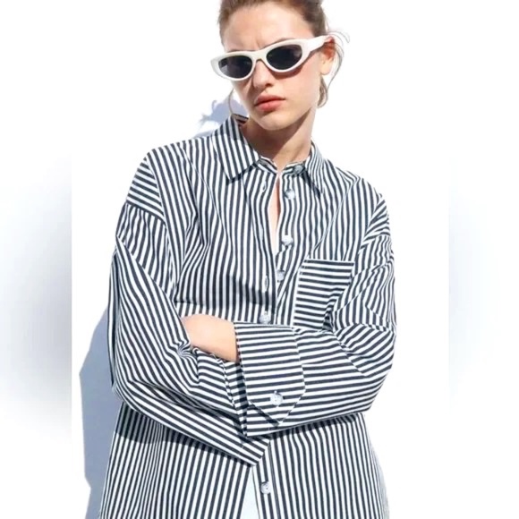 ZARA White And Blue 100% Cotton Striped Poplin Shirt SIZE M - Picture 1 of 15